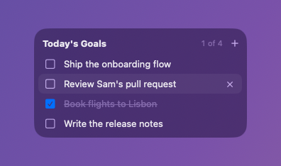 Totus on hover: text sharpens, a row highlights with a delete button, and an add button appears