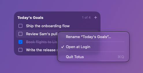 Totus right-click menu with Rename, Open at Login and Quit