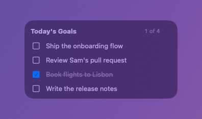 Totus at rest: a muted list of four goals, one checked off